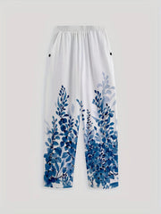 Leaf Print Elastic Waist Straight Leg Pants