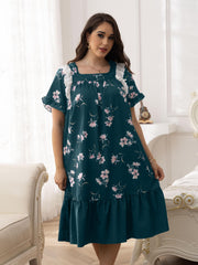 Nightdress Women's Plus Floral Print Lace Trim Short Sleeve