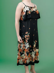 Floral Print Ruffle Trim Cold Shoulder Maxi Dress