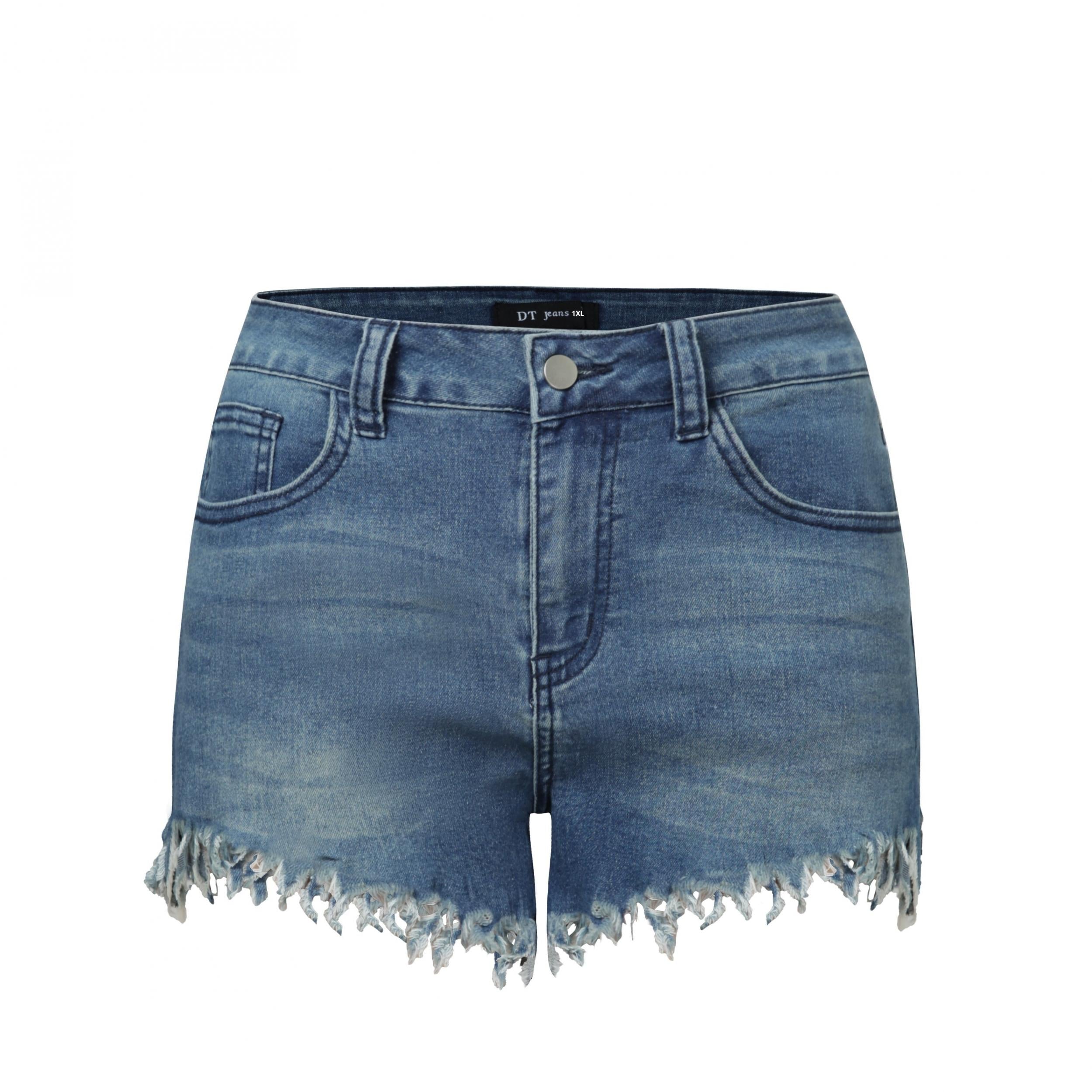 Casual Denim Shorts Women's Plus Washed Button Fly Fringe Trim