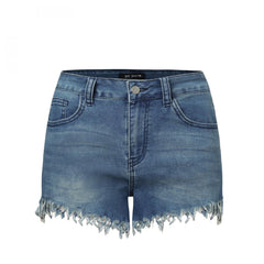 Casual Denim Shorts Women's Plus Washed Button Fly Fringe Trim