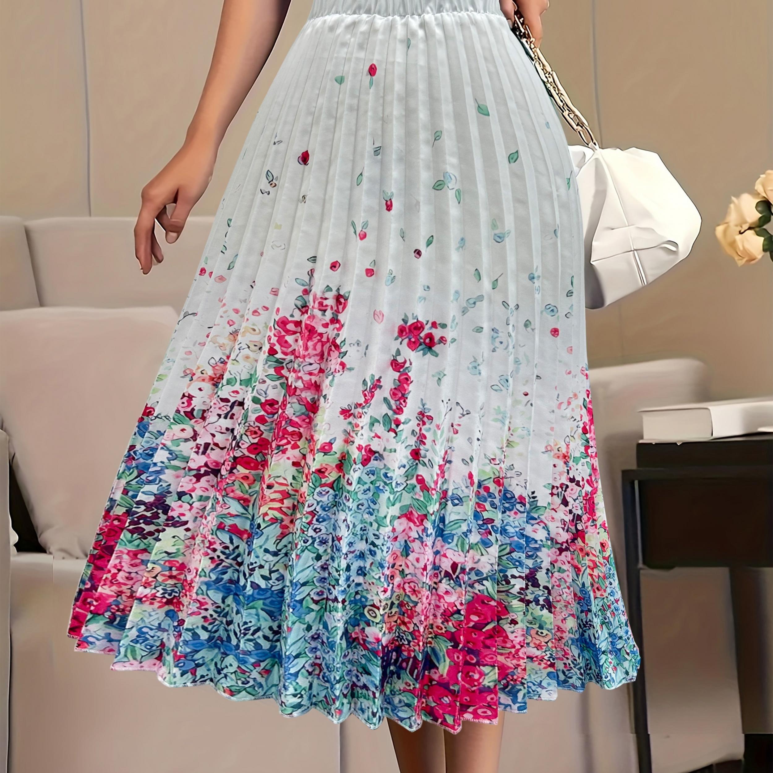 Floral Print Elastic High Rise Pleated Plus Size Maxi Skirt