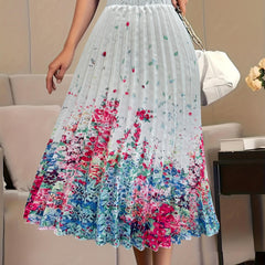 Floral Print Elastic High Rise Pleated Plus Size Maxi Skirt