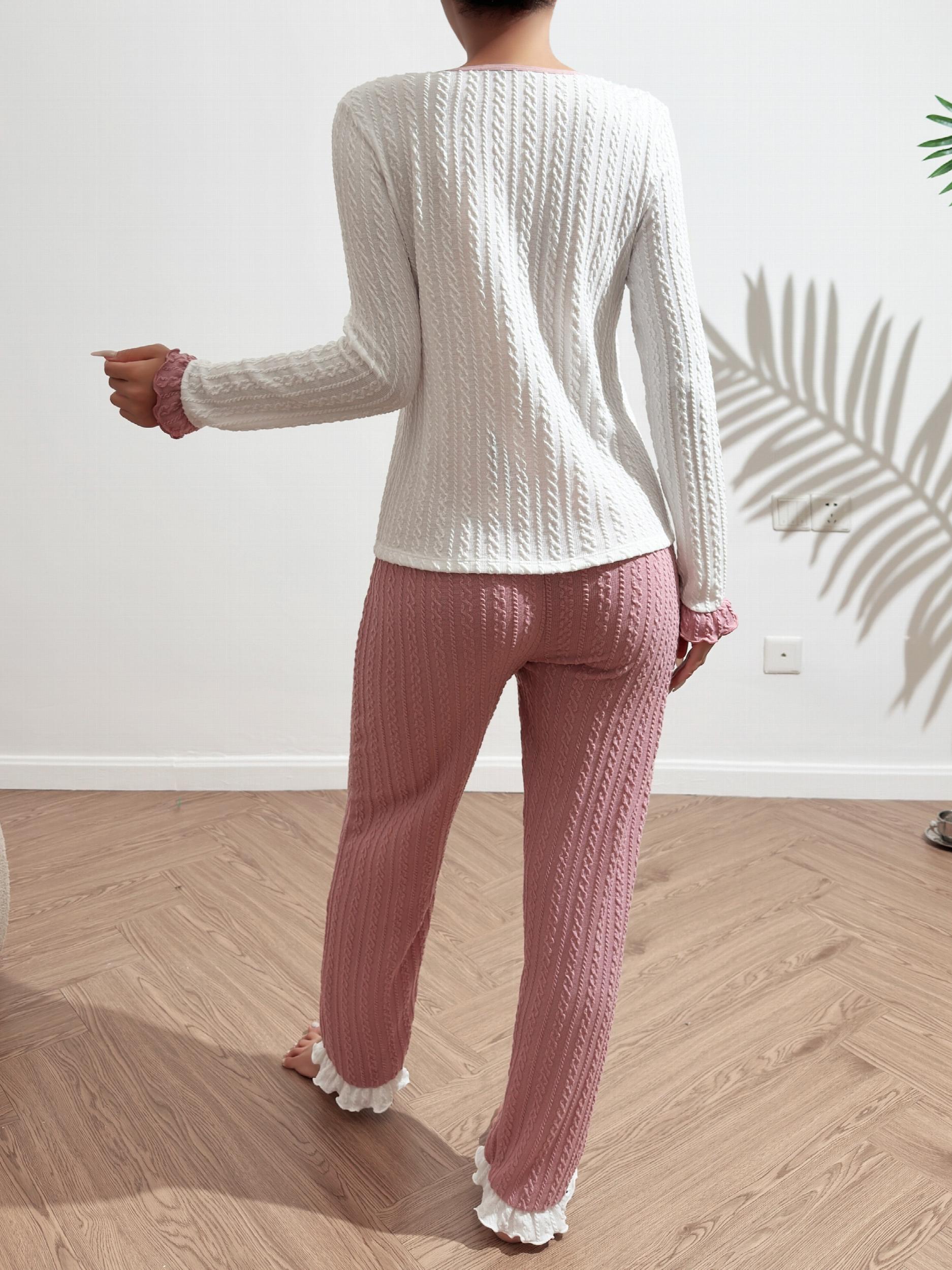 Twist Textured Pajama Set Long Sleeve V Neck Top & Ruffle Trim Pants