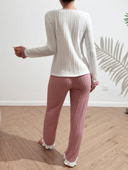 Twist Textured Pajama Set Long Sleeve V Neck Top & Ruffle Trim Pants