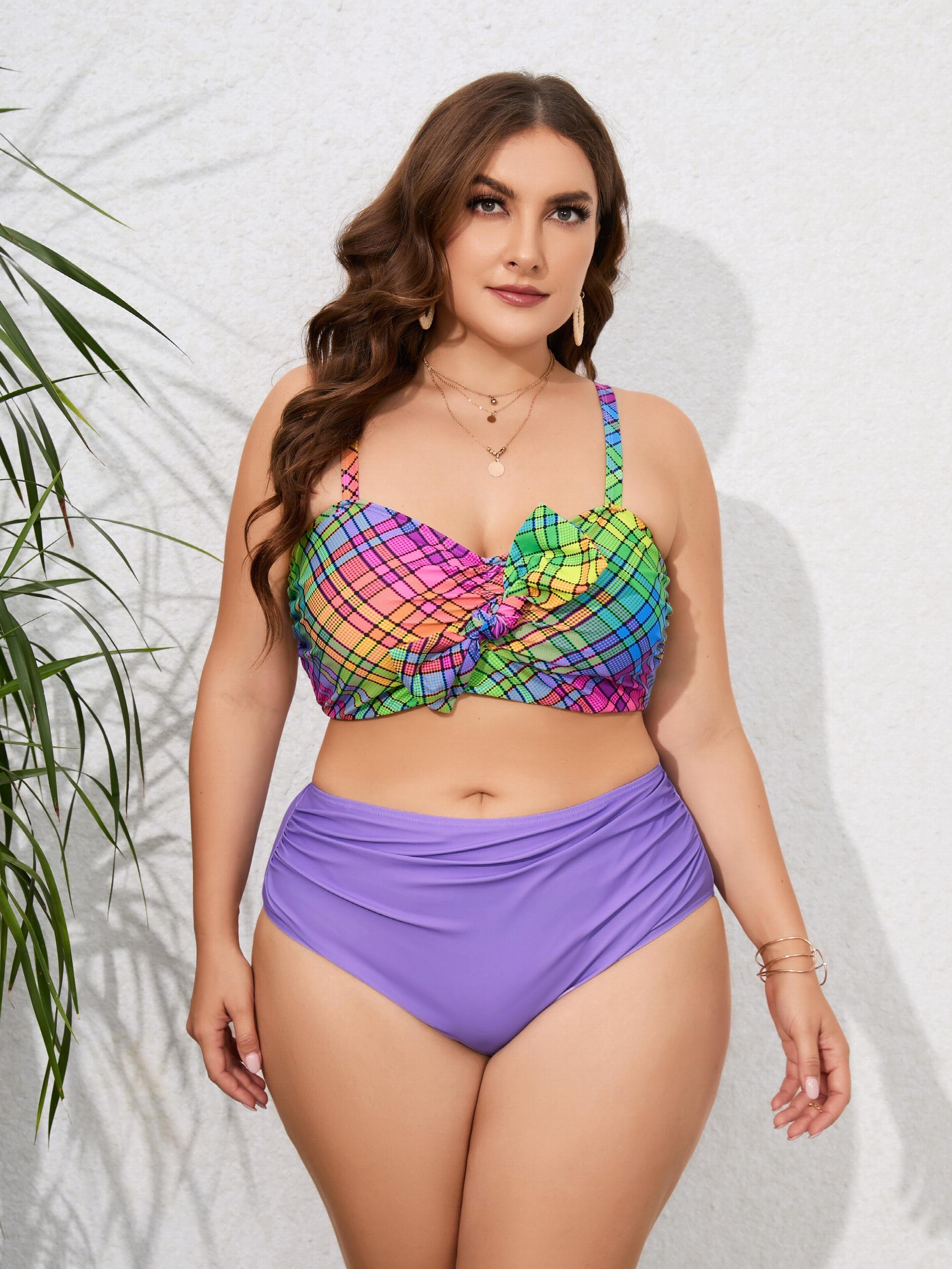 Colorblock Plaid Bow Knot Bra & Solid Ruched Underwear Swimsuit Set