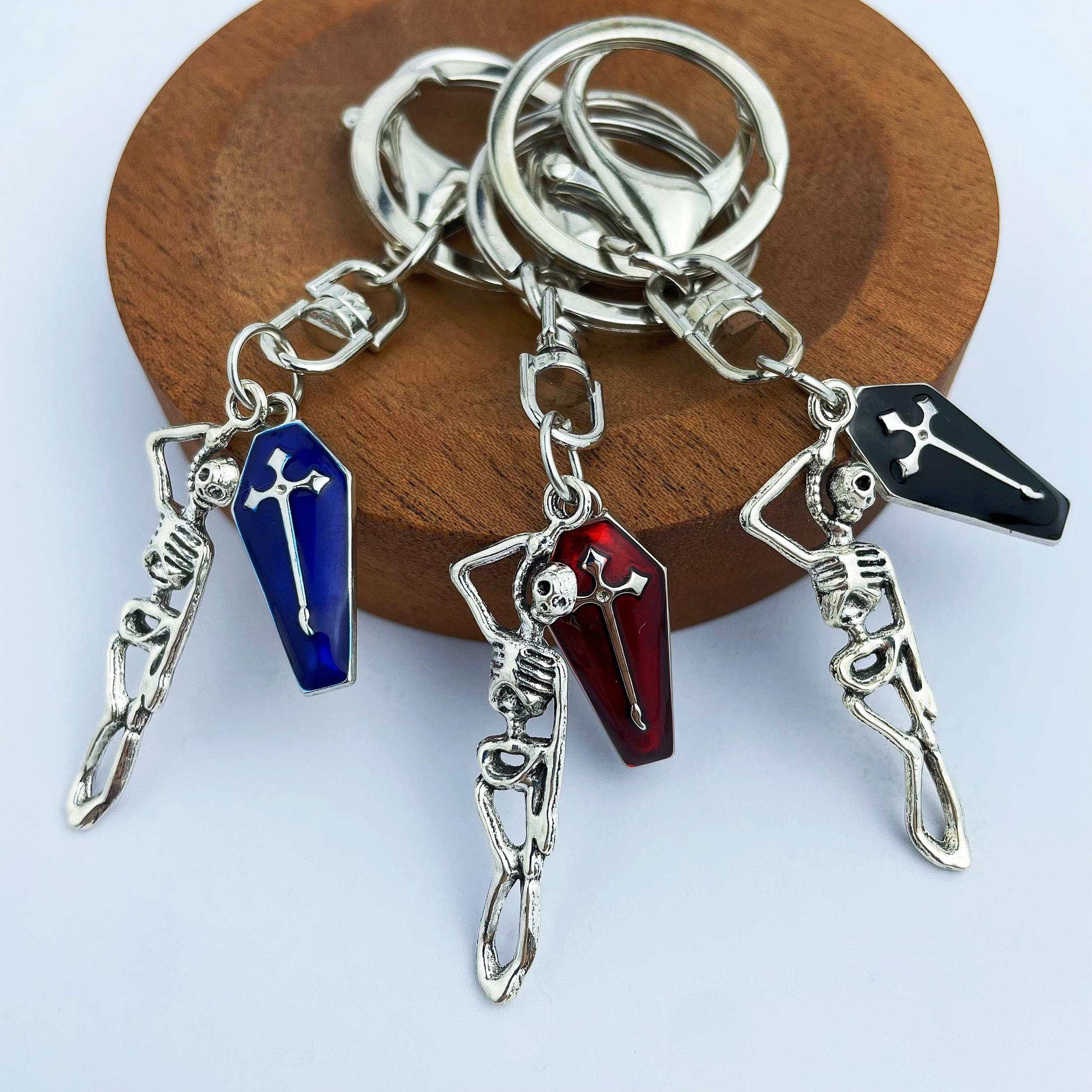 Skull & Enamel Red Cross Coffin Keychain for Wallets Bags Backpacks Car Keys