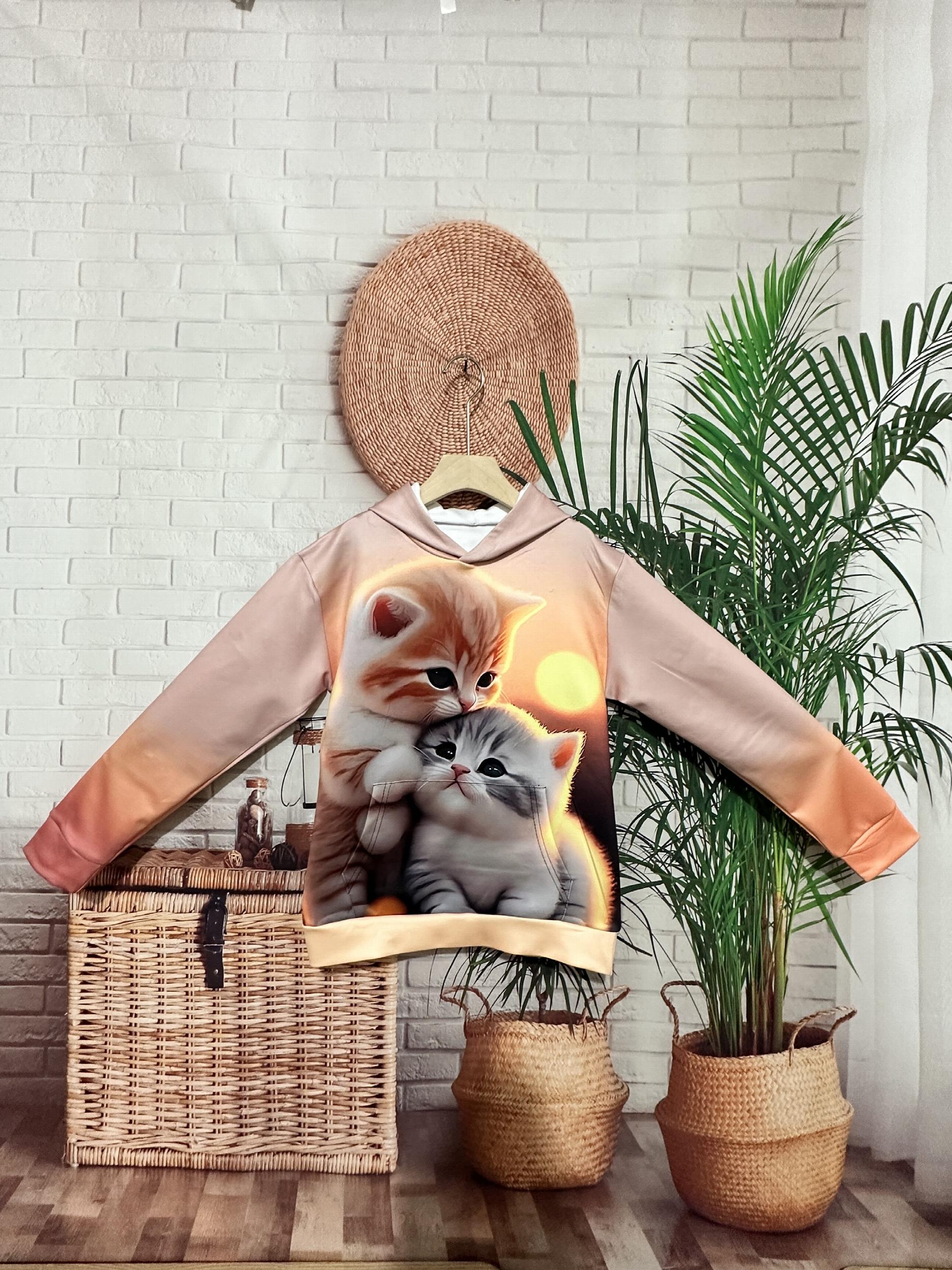Girls Kitty Print Pocket Hoodies Pullover Spring Fall Sports Gift