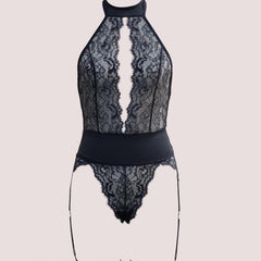 Floral Lace Plunging Teddy Halter Backless Bodysuit