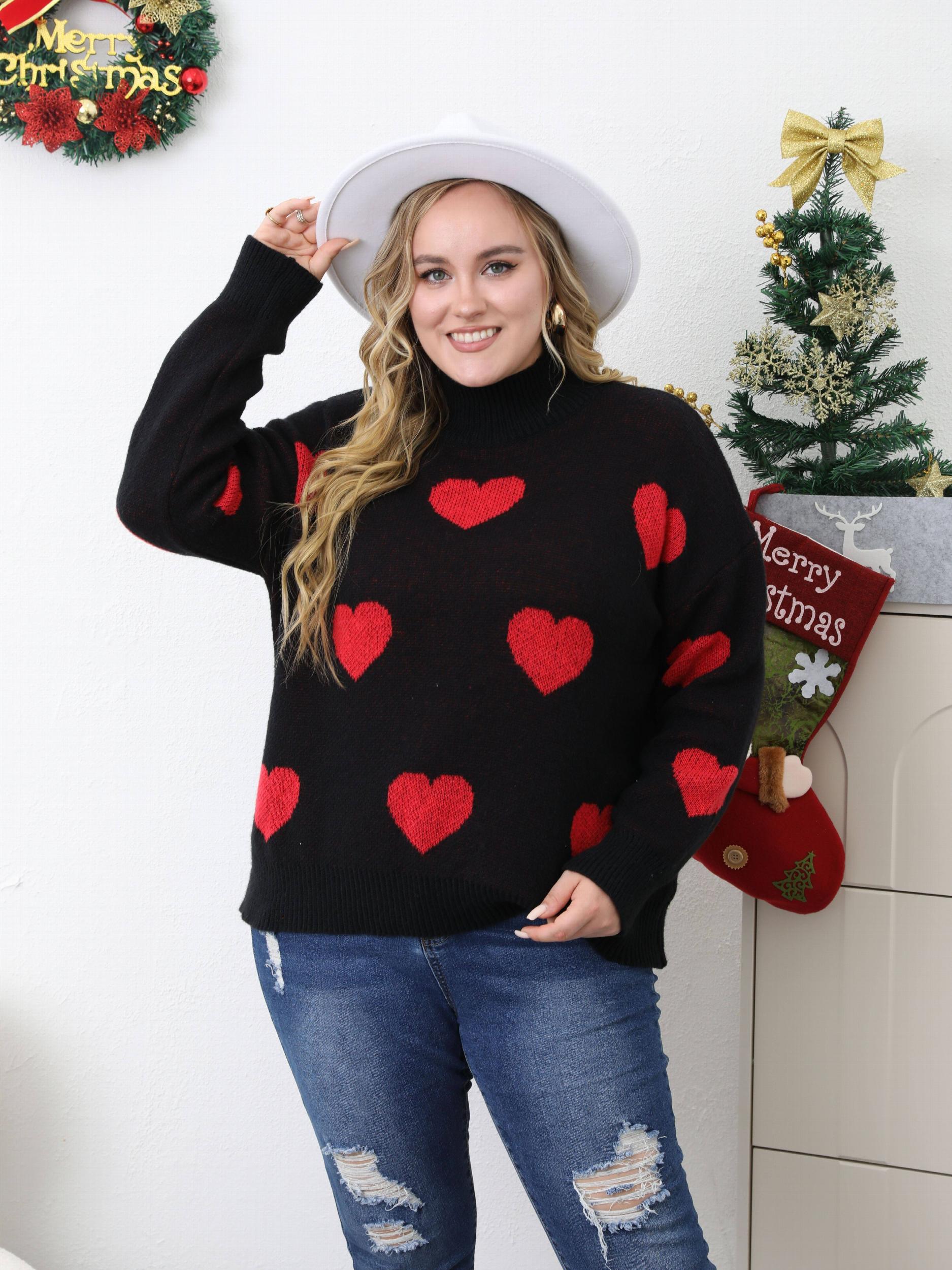 Heart Pattern Turtleneck Sweater Long Sleeve Loose Pullover