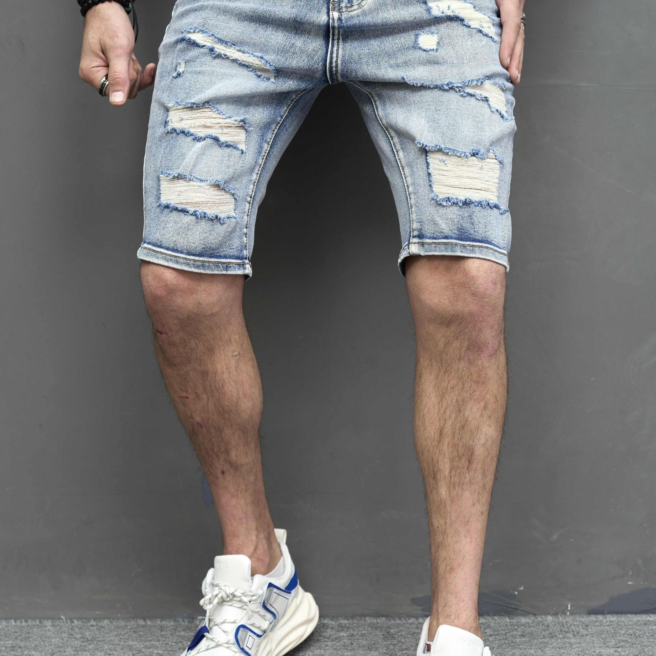Men's Ripped Denim Shorts Street Style Distressed Mid Stretch Shorts