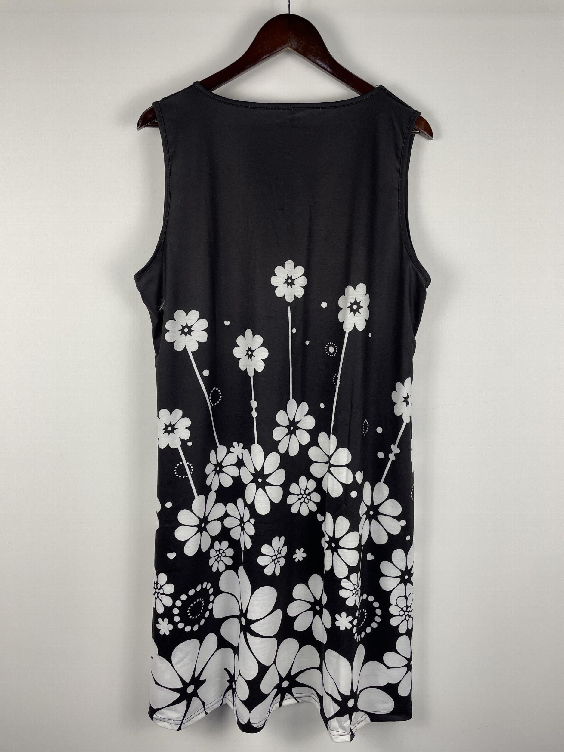 Casual Tank Dress Women's Plus Floral Print V Neck Slight Stretch