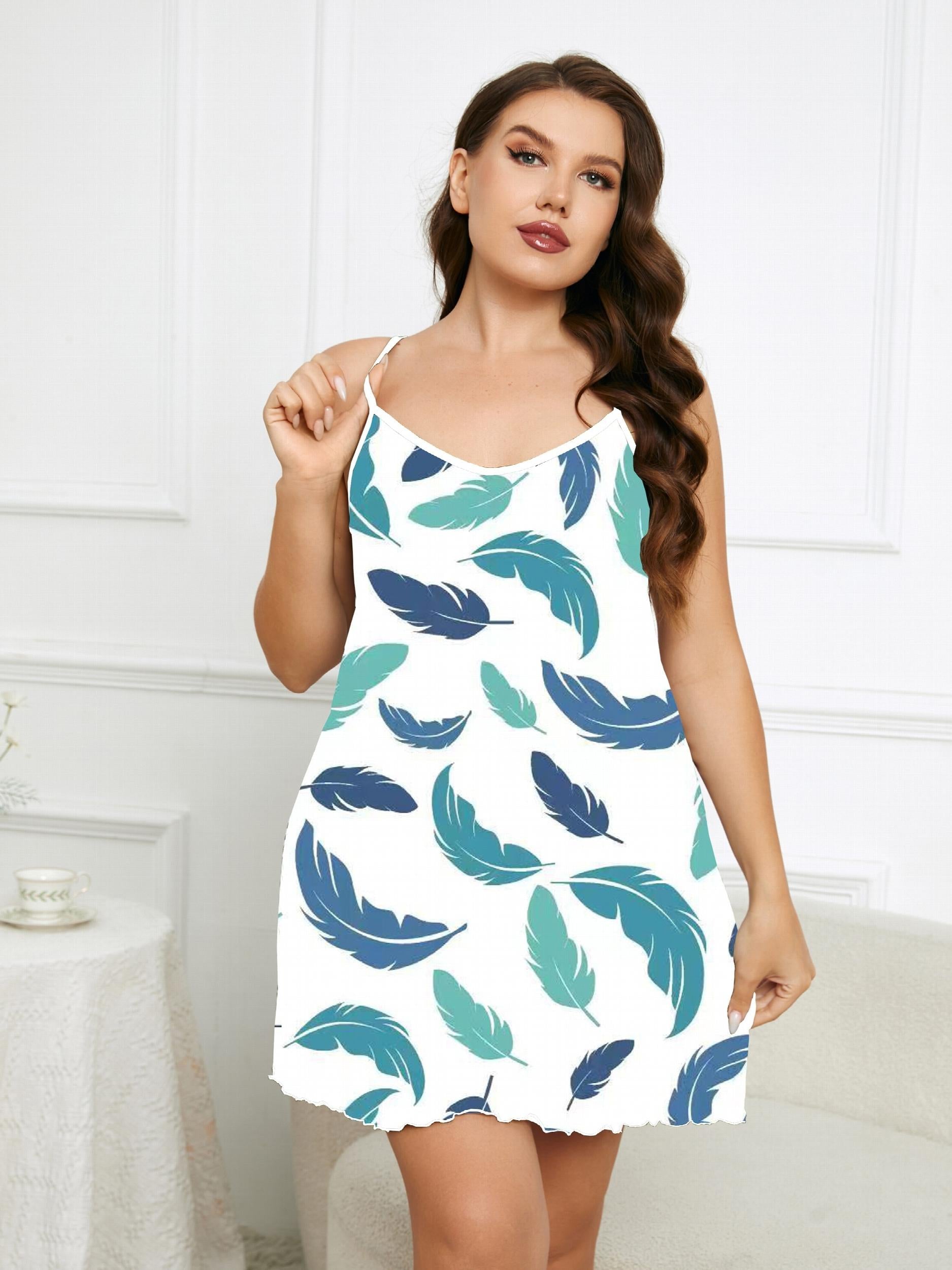 Feather Print V Neck Cami Nightdress Plus Size Casual Loungewear Dress