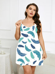 Feather Print V Neck Cami Nightdress Plus Size Casual Loungewear Dress