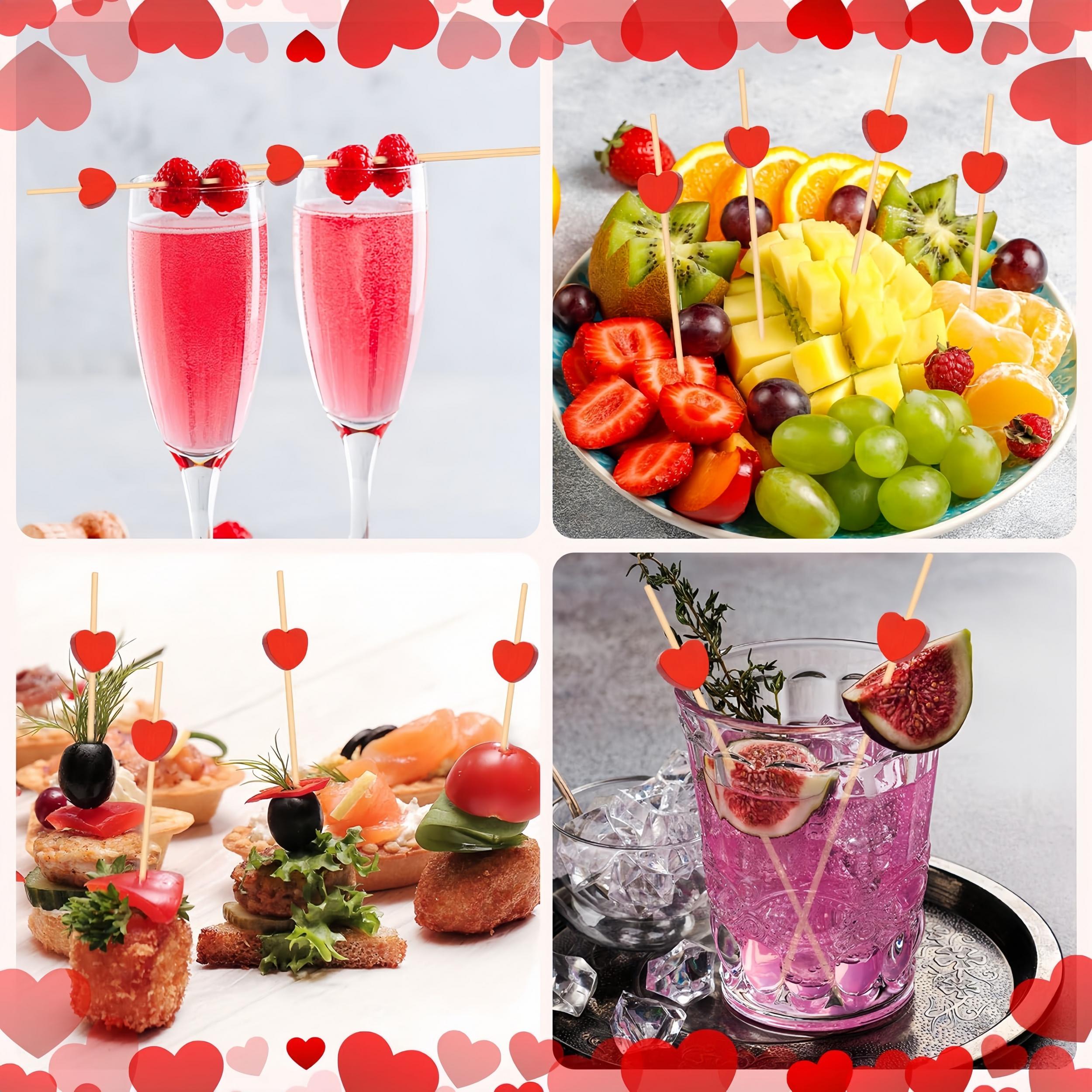 100pcs Red Heart Cocktail Picks Bamboo Skewers for Party Food Drinks