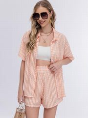 Plaid Pattern Two piece Set Polo Collar Top & Shorts