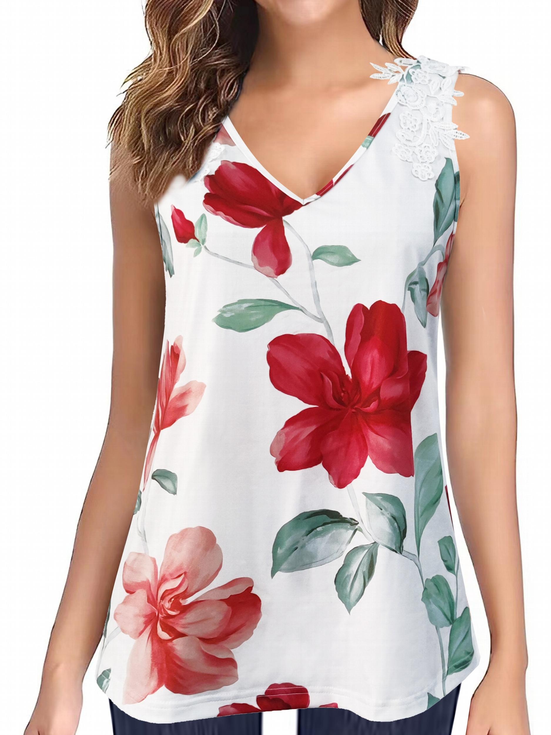 Floral Print Lace Tank Top Sleeveless Summer V-Neck