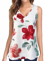 Floral Print Lace Tank Top Sleeveless Summer V-Neck