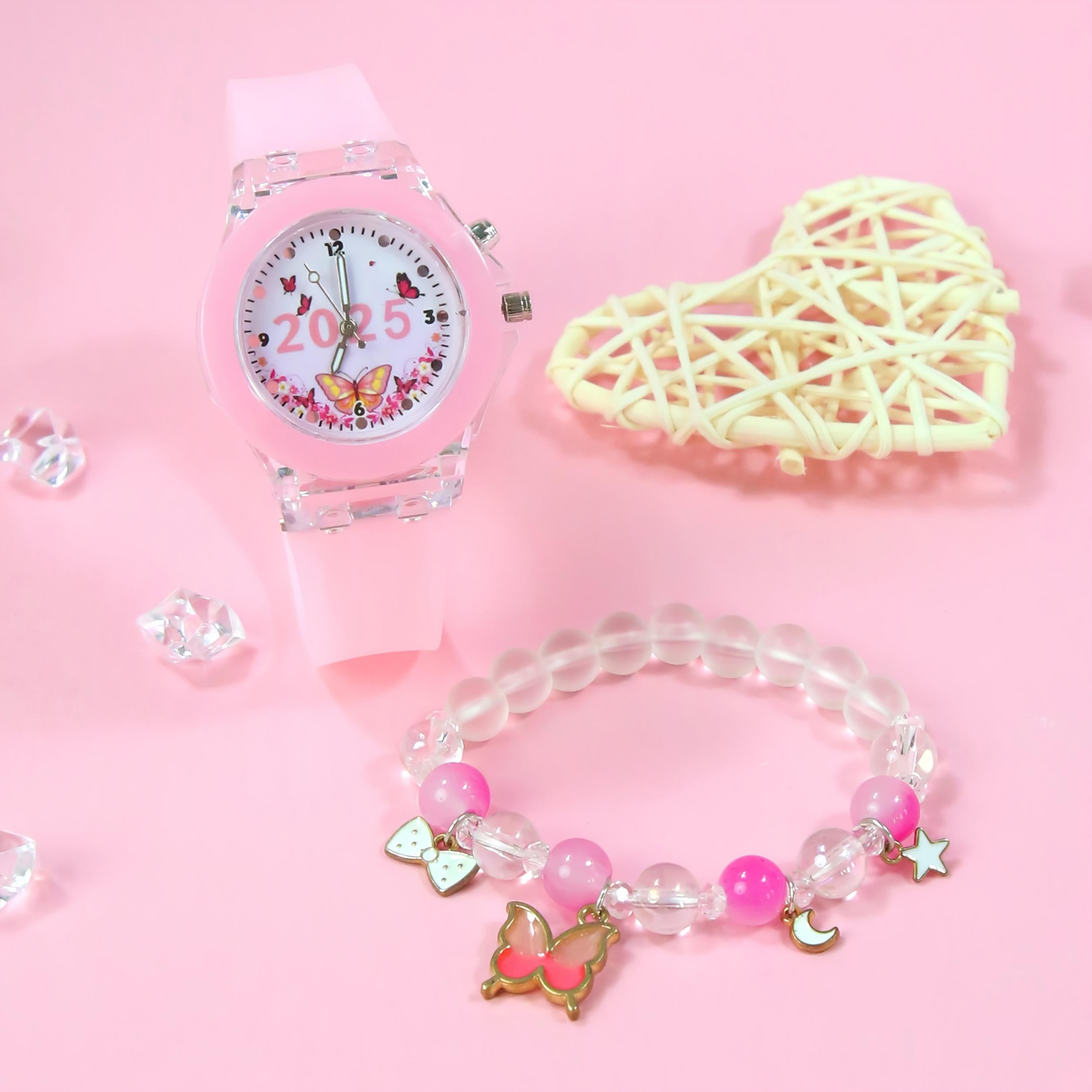 Girls' Quartz Watch & Bracelet Set LED Glow in Dark Butterfly Beads