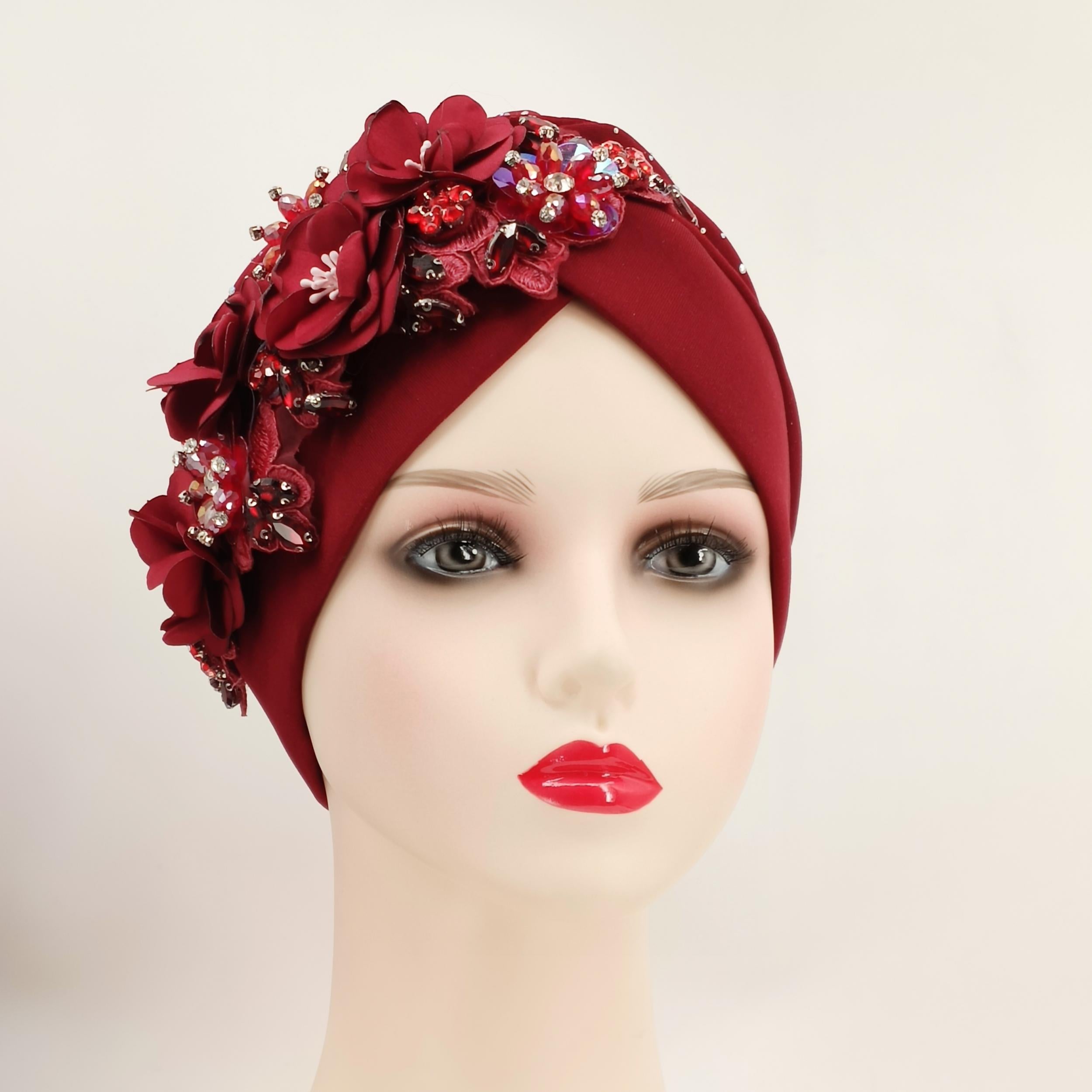 Rhinestone Flower Turban Cap Elastic Head Wrap Floral Chemo Cap