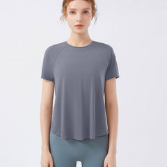 Women's Dark Grey Loose Crew Neck Short Sleeve Yoga T Shirt