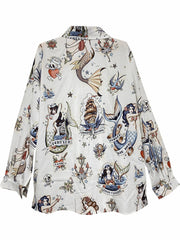 Graphic Print Button Up Blouse