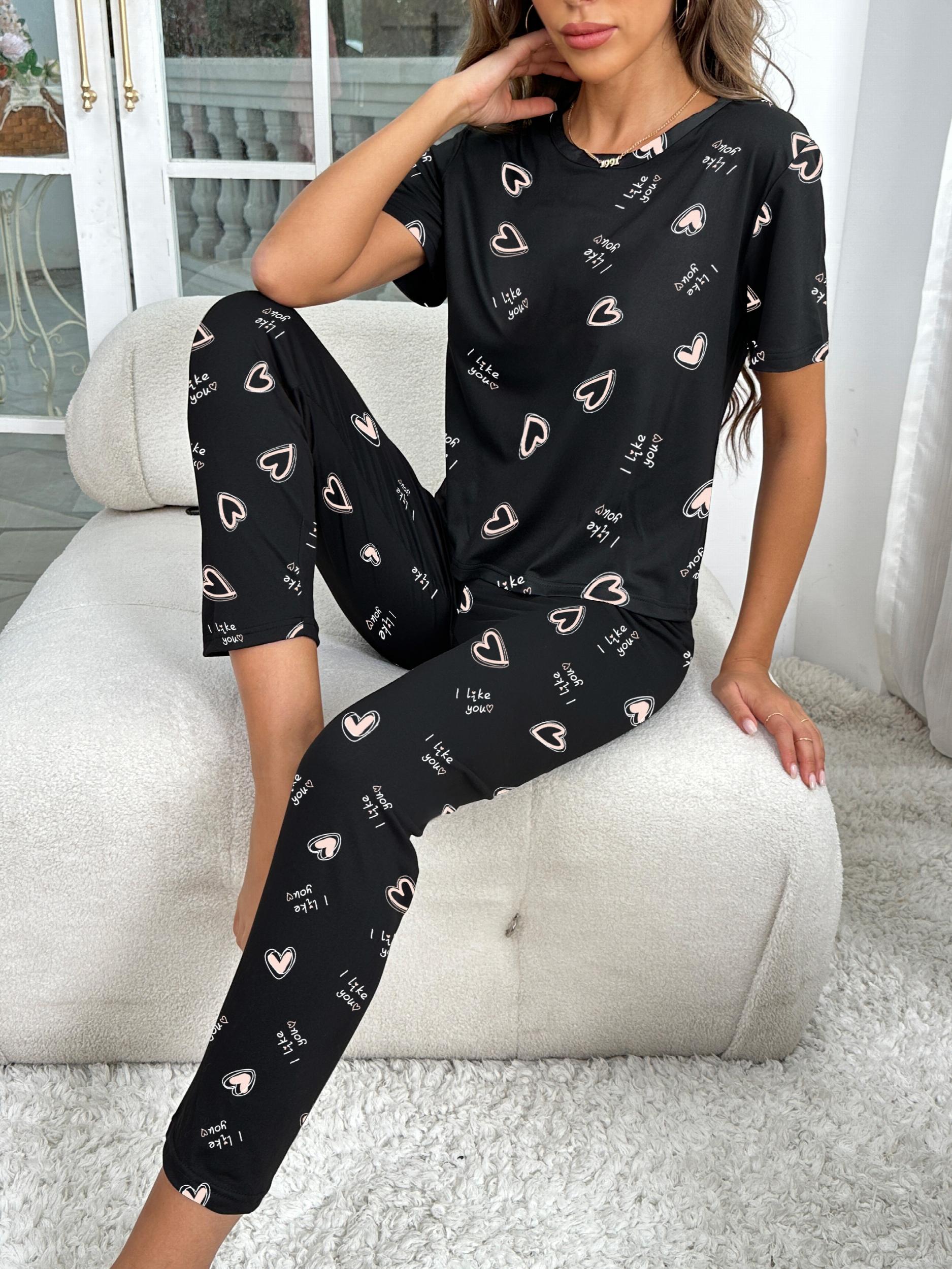 Heart Print Pajama Set Short Sleeve Crew Neck Top & Elastic Waistband