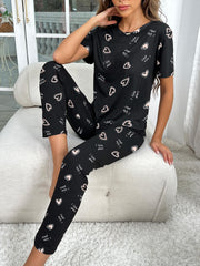 Heart Print Pajama Set Short Sleeve Crew Neck Top & Elastic Waistband