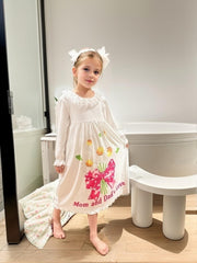 Girl's Floral Nightgown Letter Print Long Sleeve Lace Collar PJ