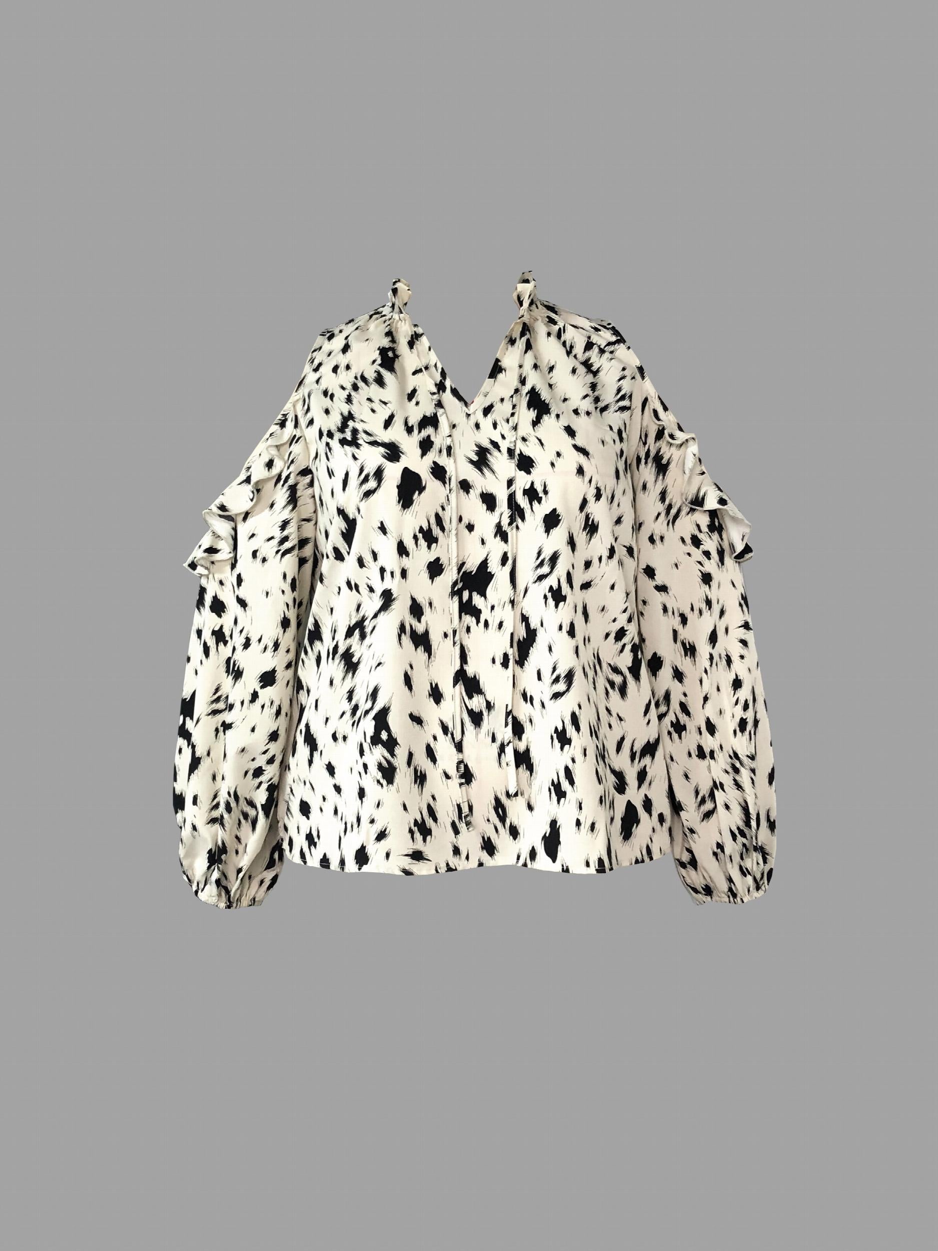 Leopard Print Ruffle Trim Cold Shoulder Blouse