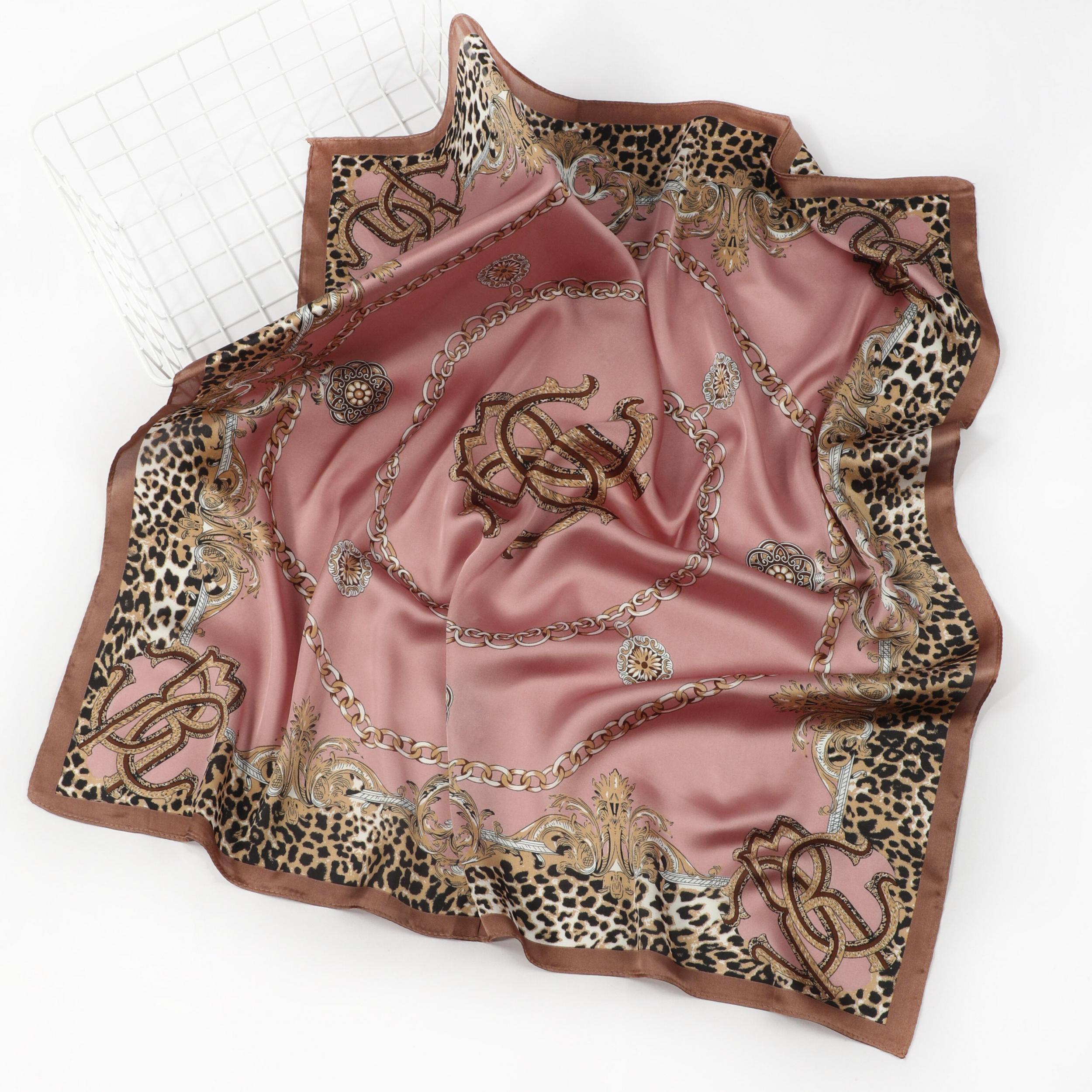 Leopard Edge Square Scarf Chain Printed Headscarf Silk Feeling