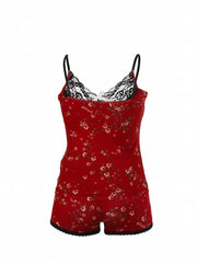 Floral Print Pajama Set Lace Stitching Cami Top & Shorts