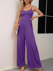 Casual Solid Button Spaghetti Jumpsuit Sleeveless Wide Leg Loose Waist Jumpsuit