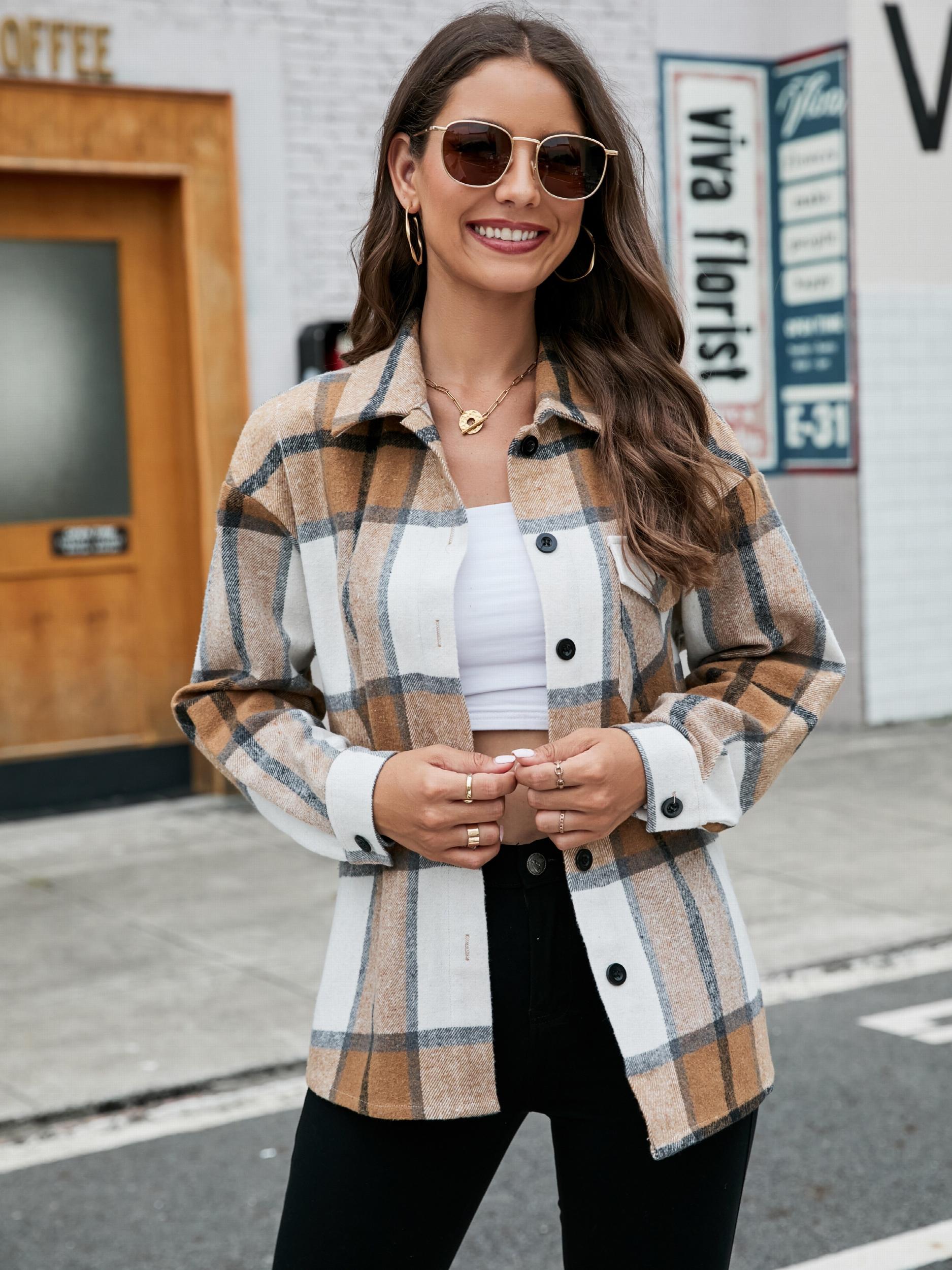 Plaid Print Shacket Button Front Collar Outerwear