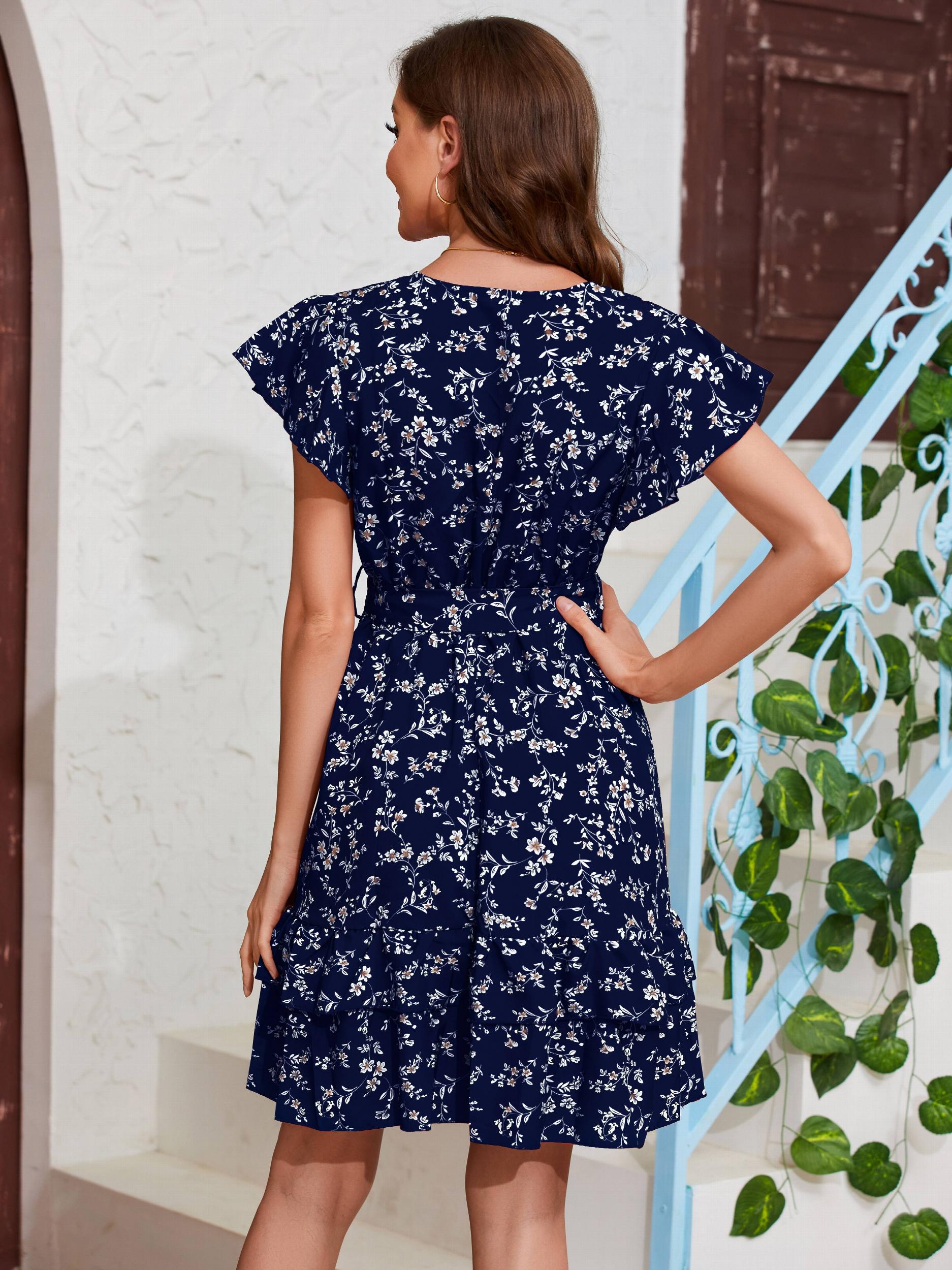 Floral Print Surplice Neck Dress Ruffle Sleeve Belted