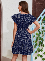 Floral Print Surplice Neck Dress Ruffle Sleeve Belted