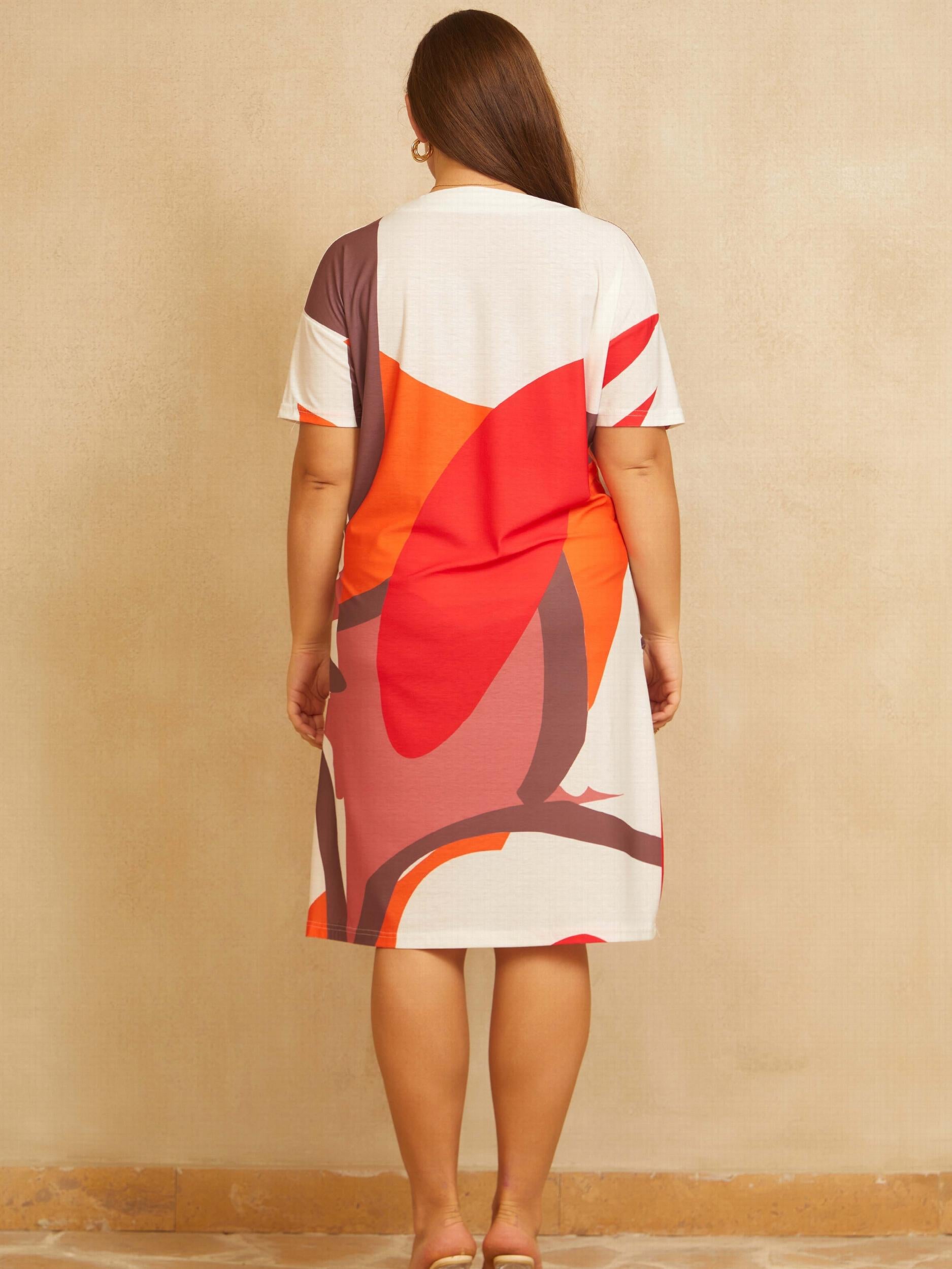 Women's 3D Print V Neck Tee Dress With Pockets