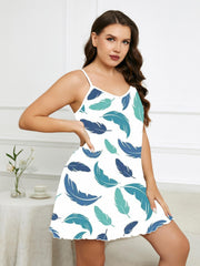 Feather Print V Neck Cami Nightdress Plus Size Casual Loungewear Dress