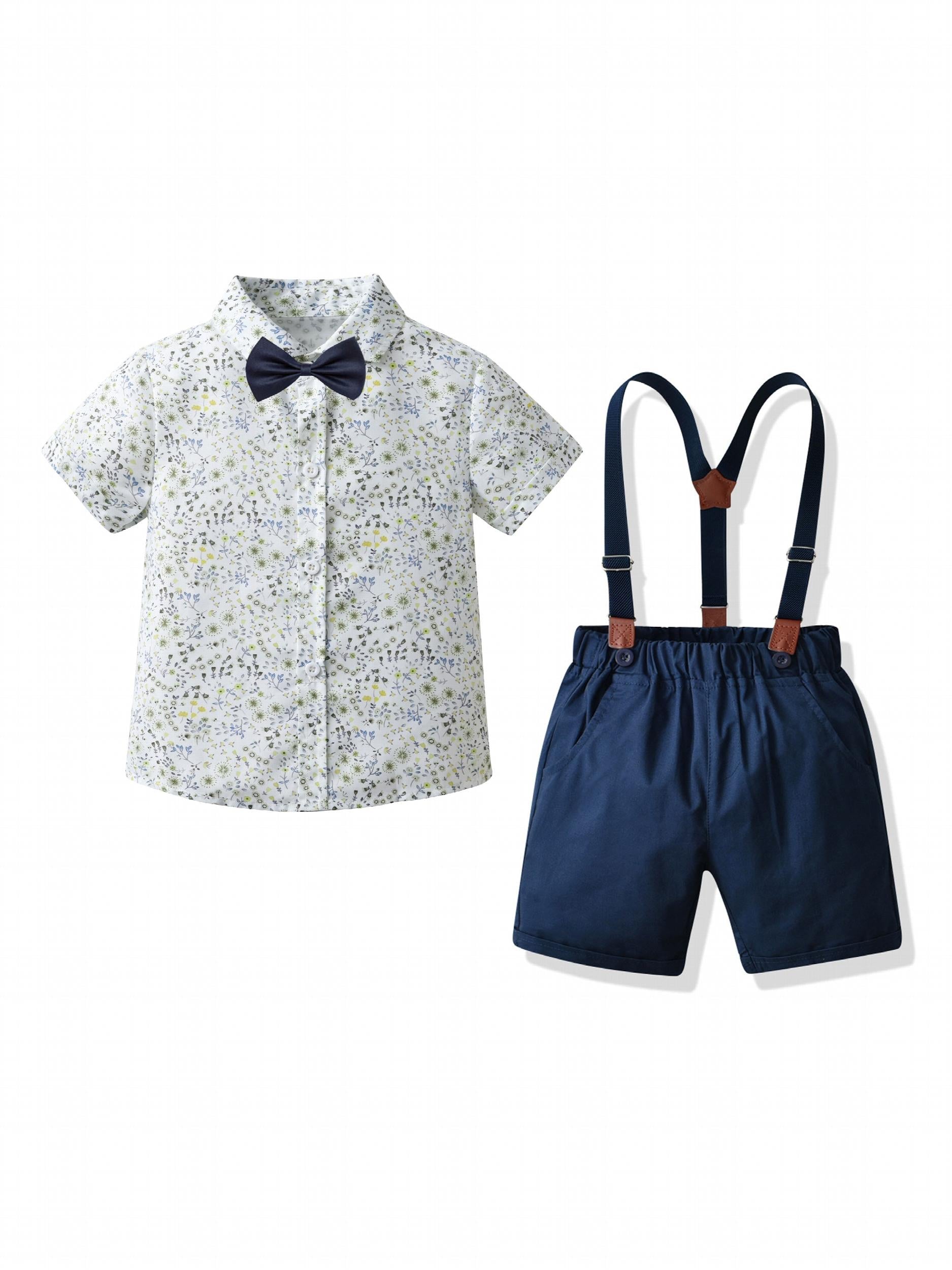 Baby Toddler Boy Floral Shirt Bowtie Suspender Pants Outfit