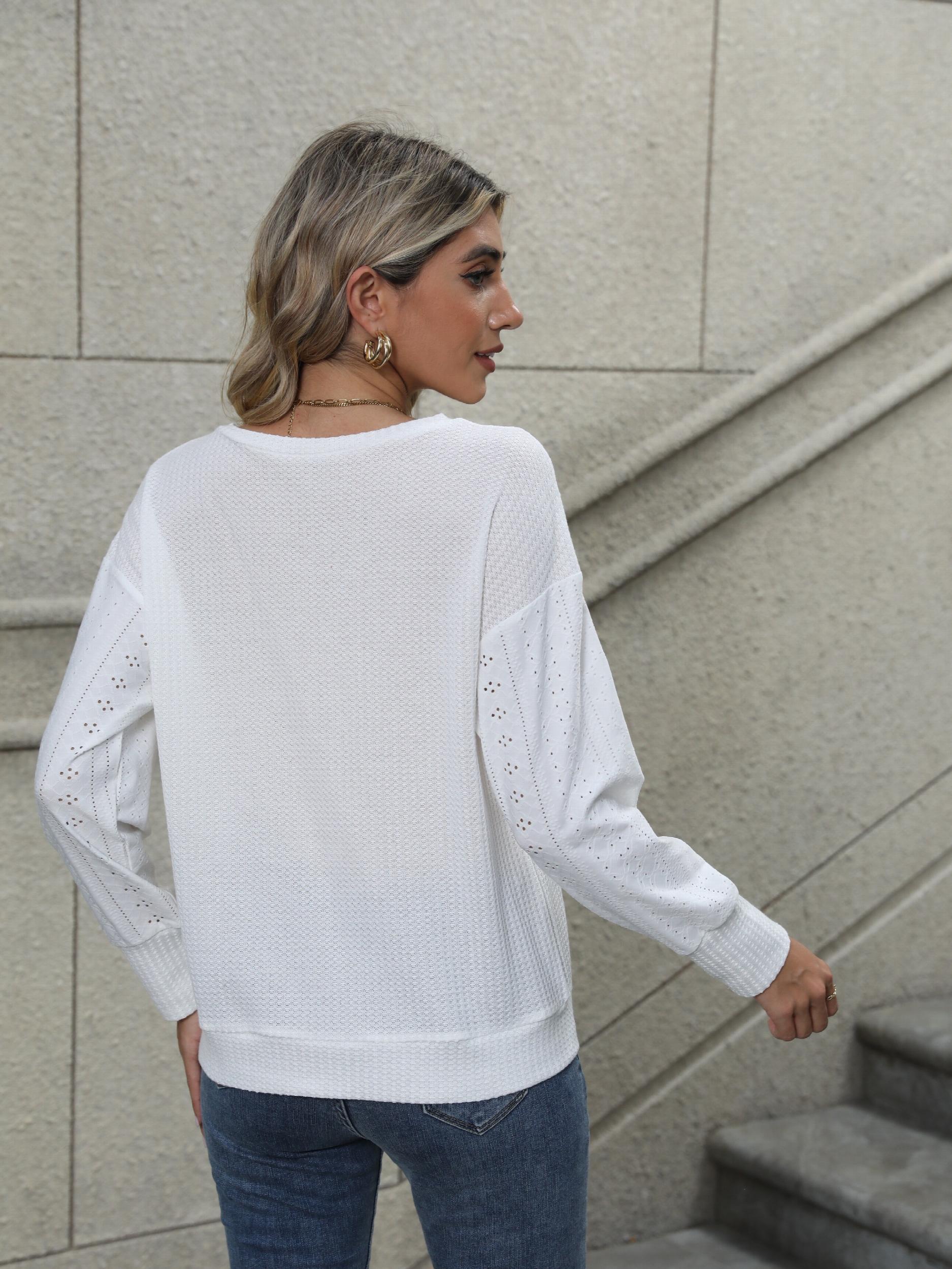 Solid V Neck Sweatshirt Eyelet Sleeve Spring Fall Women's Clothing