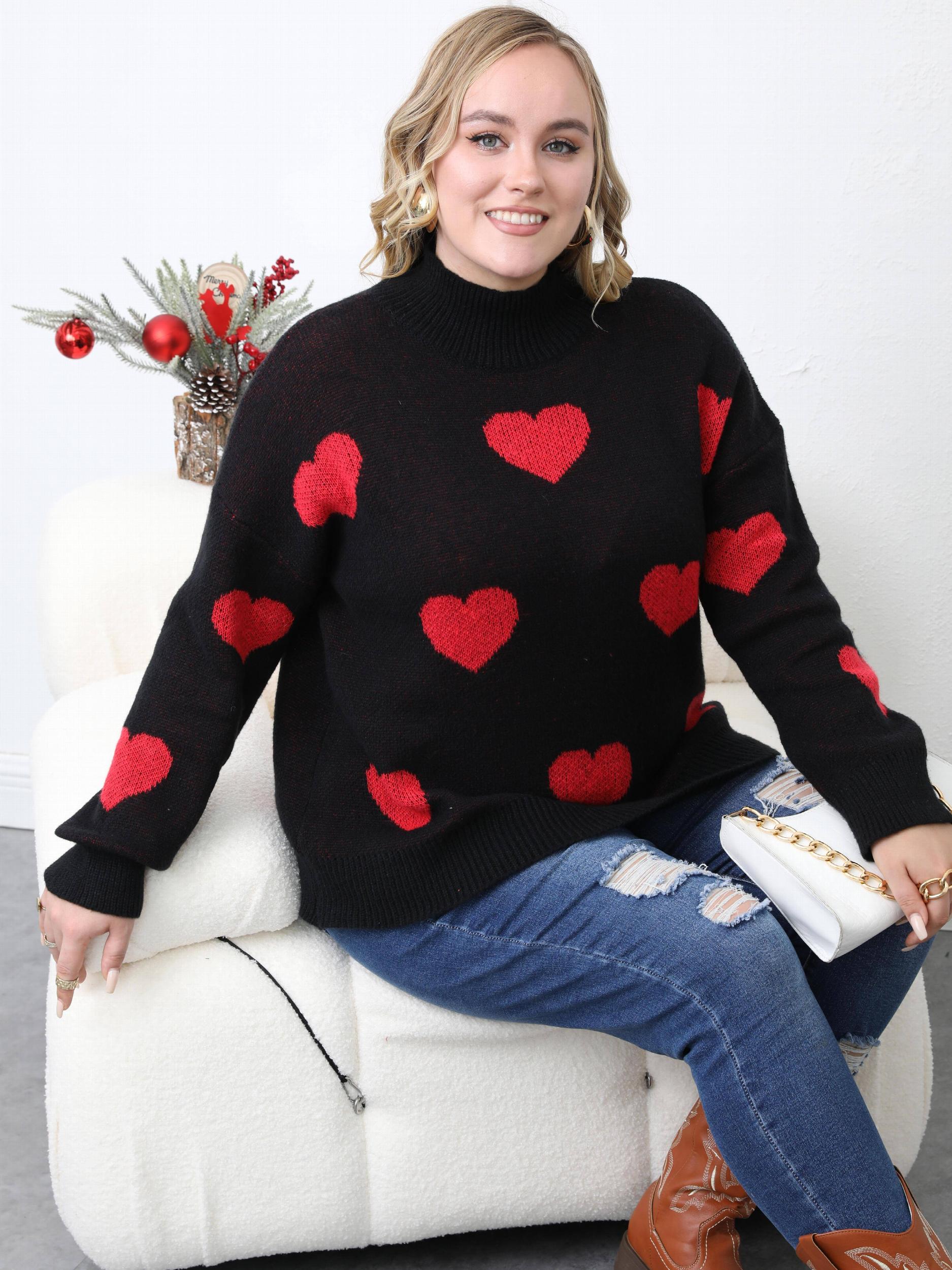 Heart Pattern Turtleneck Sweater Long Sleeve Loose Pullover