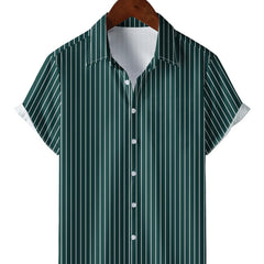 Men's Vertical Striped Camp Collar Bowling Shirt Short Sleeve Summer Hawaiian