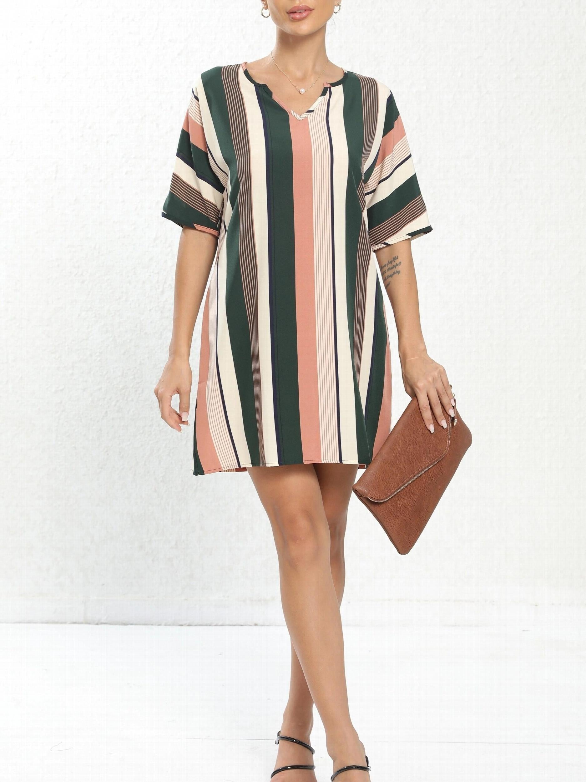 Stripe Print Batwing Sleeve Notched Neck Mini Dress