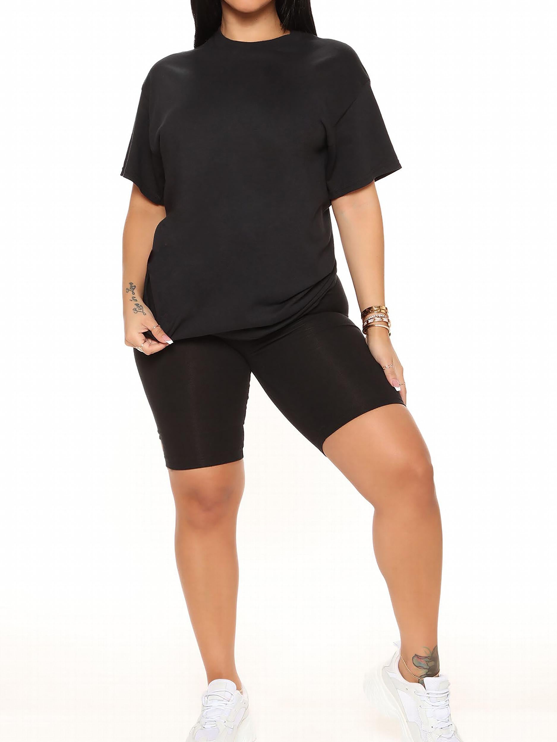 Biker Shorts & T Shirt 2pc Set Crew Neck Skinny Workout Yoga Outfits