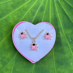 Colorful Insect Ladybug Pendant Necklace & Earrings Set For Girls