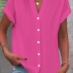 Solid Button Up Cap Sleeve Blouse