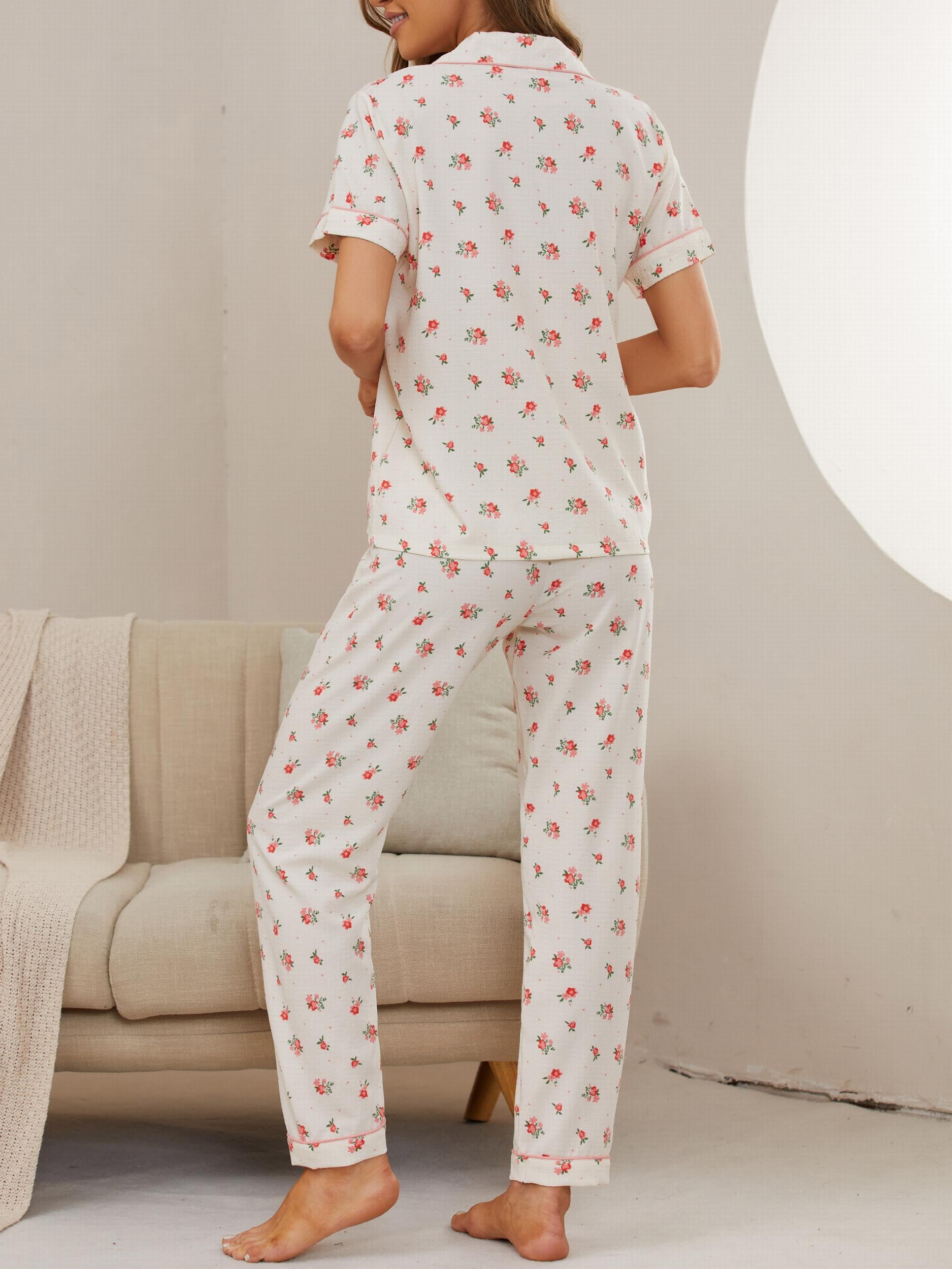 Floral Print Pajama Set Short Sleeve Top & Pants