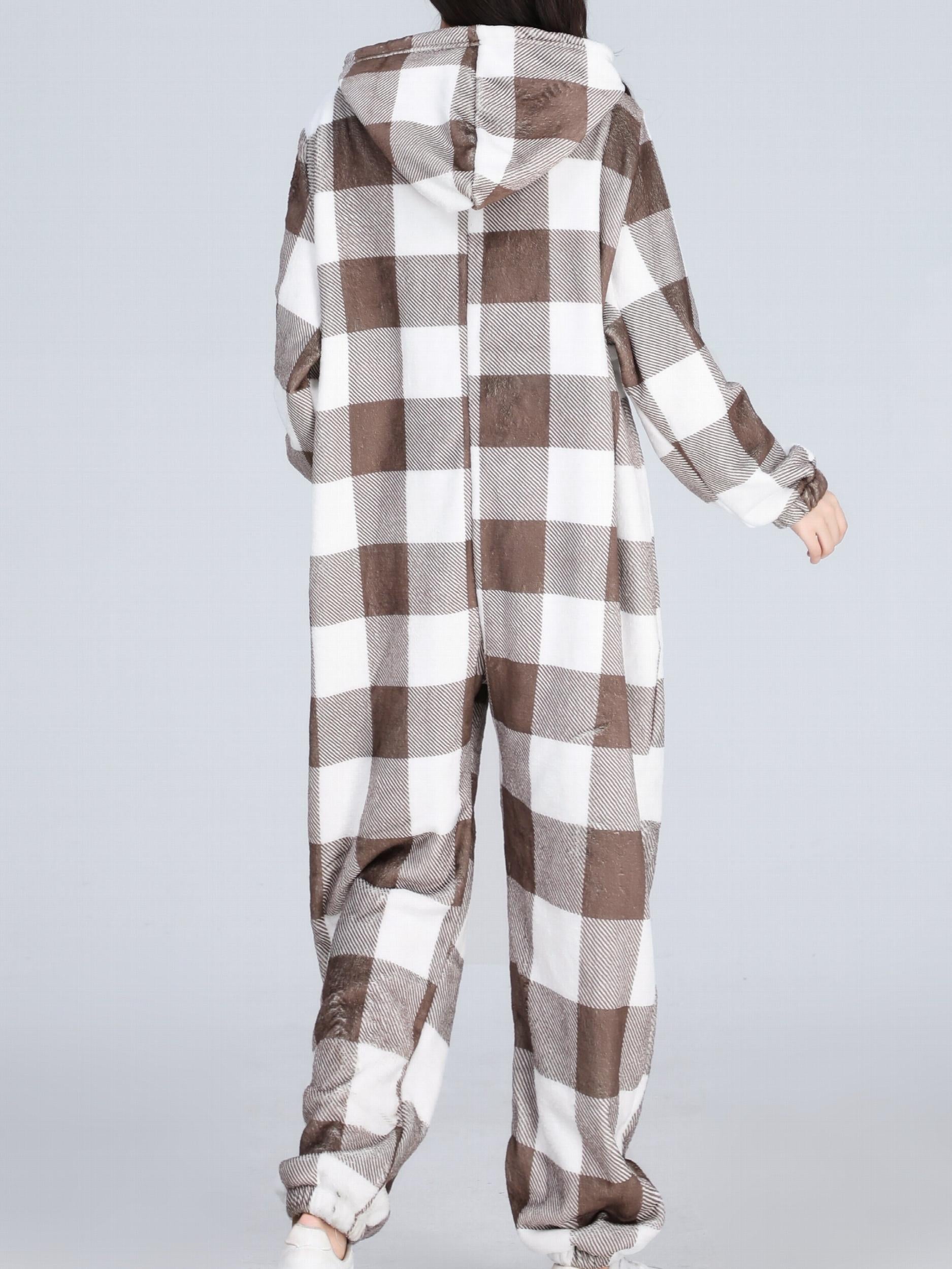 Plaid Print Fleece Hooded Jumpsuit