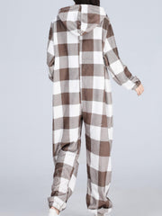 Plaid Print Fleece Hooded Jumpsuit