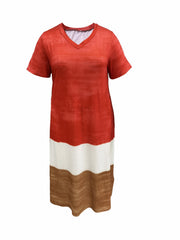 Colorblock Stripe Print Short Sleeve V Neck Maxi Dress